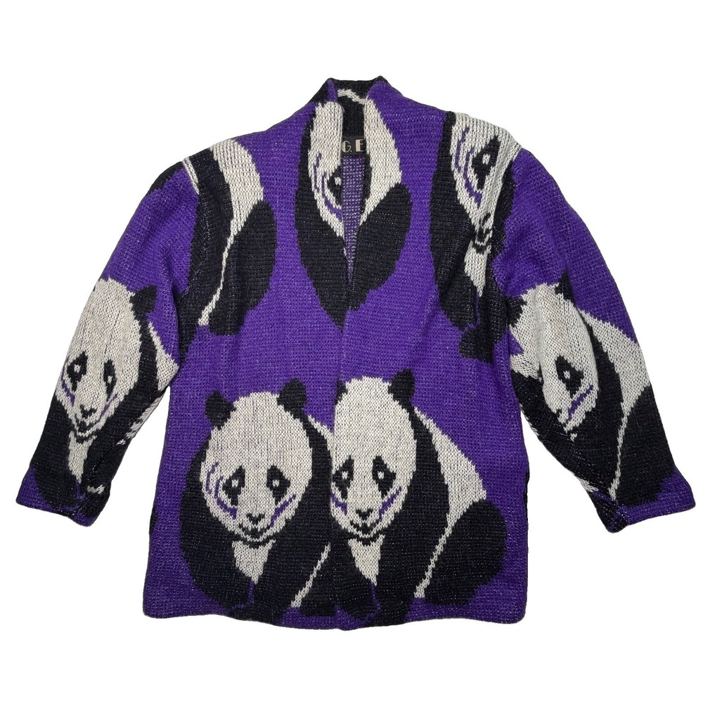 Vintage 1980s P.G.E. Panda Cardigan Women's M Purple Mohair Wool Oversized RARE